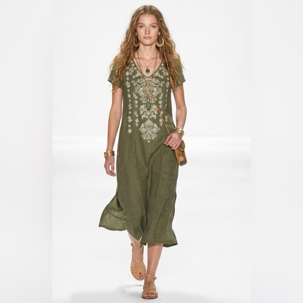 Kyla Seo Olive Green Embroidered 100% Linen V-Neck Midi Dress Womens XS